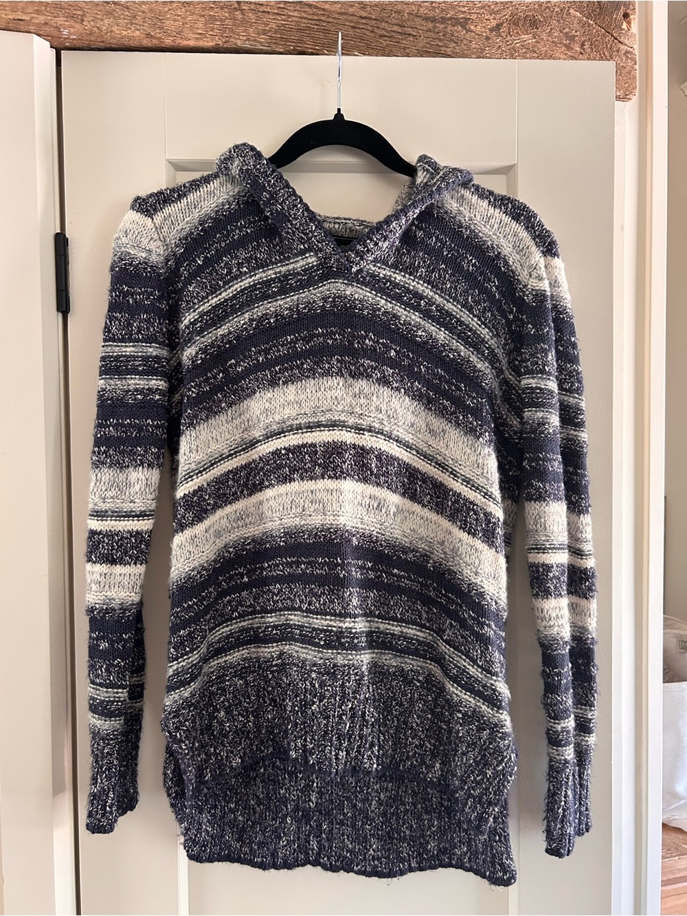 Roots Men's Navy and White Striped V-Neck Hoodie Sweater